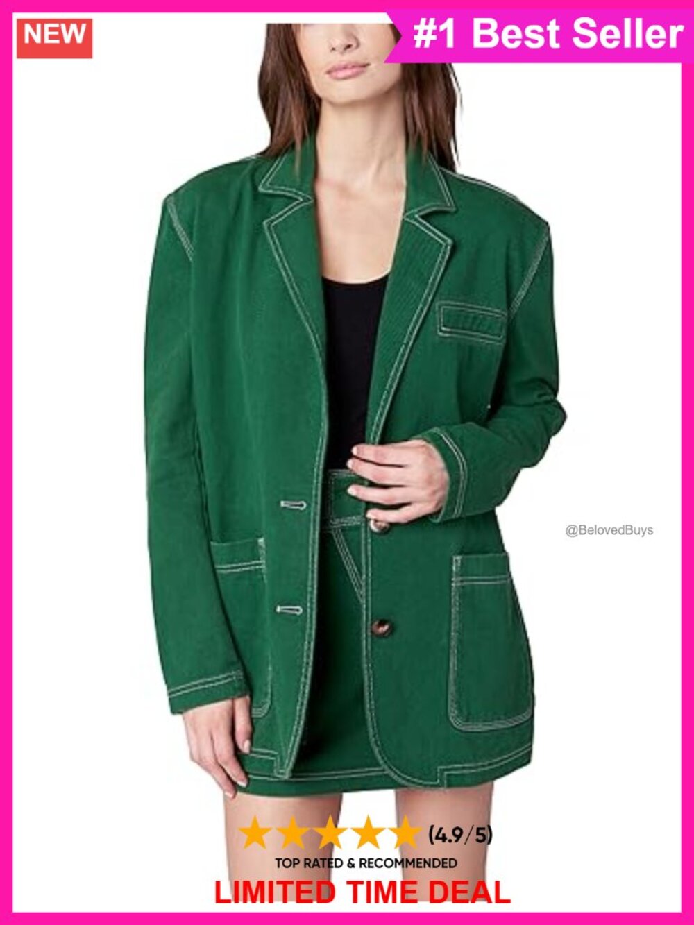 Oversized Cotton Twill Blazer Contrast Stitch Notch Collar Business Casual